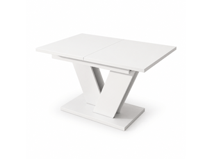 Table à manger rectangulaire extensible blanche en mdf 120-160 cm, 4 à 8 couverts, piètement en v design pour salle à manger