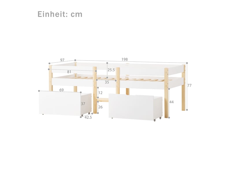  Lit mi hauteur enfants avec 2 maxi tiroirs - bois massif - blanc-chêne  - Conforama C