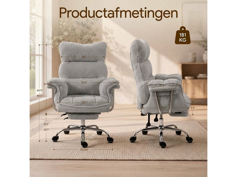  Dowinx fauteuil gaming ergonomique avec repose-pieds, ressorts ensachés, revêtement teddy fleece, charge max. 181 kg, gris  - Conforama C