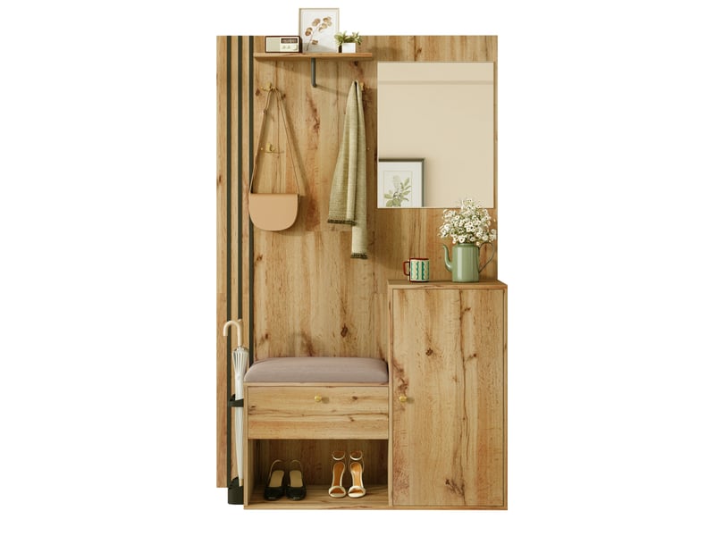  Meuble d'entrée 185 cm, meuble mural de salon, étagère, armoire, meuble à chaussures et miroir, mdf, couleur bois clair  - Conforama A