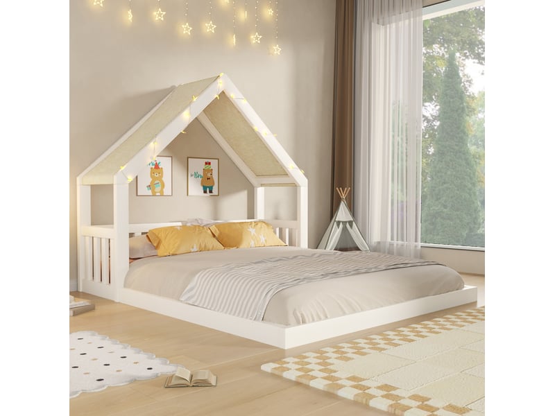  Lit cabane 140x200 cm toit textile guirlande lumineuse, sommier à lattes, mdf et pin, blanc sans matelas  - Conforama E