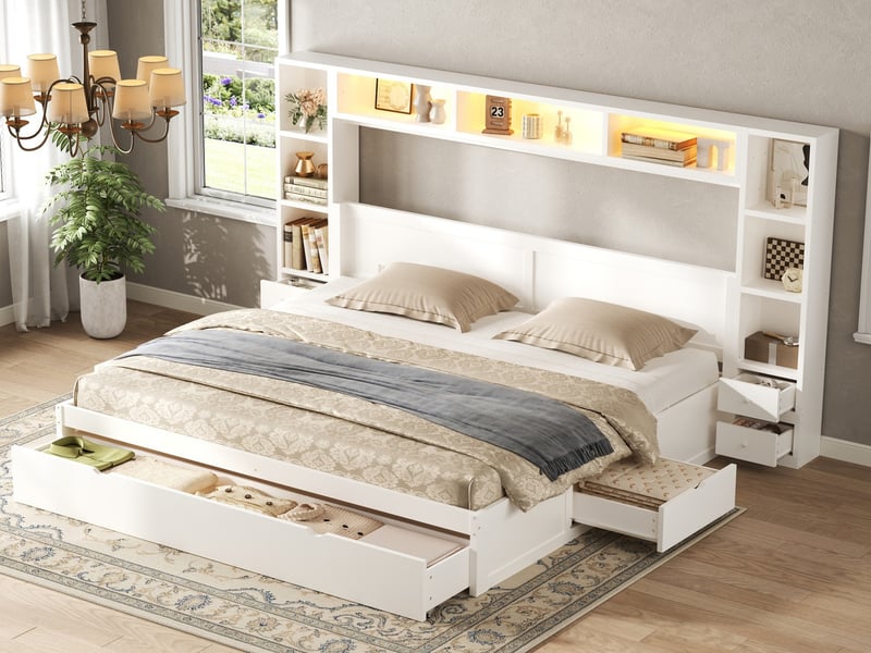  Lit double 180 x 200 cm, tête et pied de lit inclus, 7 tiroirs et multiples compartiments, éclairage led intégré, blanc  - Conforama B
