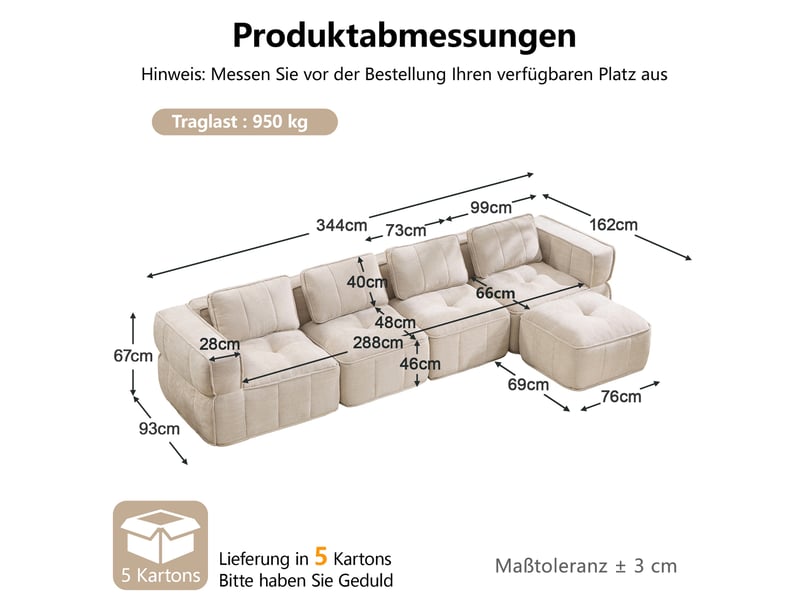  Canapé 4 places - 344x162x67cm - canapé d'angle modulaire en l avec pouf repose-pieds en mousse 32d sans cadre - beige  - Conforama E