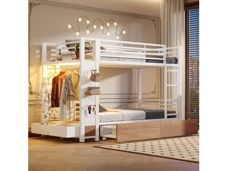 Lit superposé 90 x 200 cm blanc en métal et mdf, 4 tiroirs, rangement et led par application, sans matelas - Conforama E