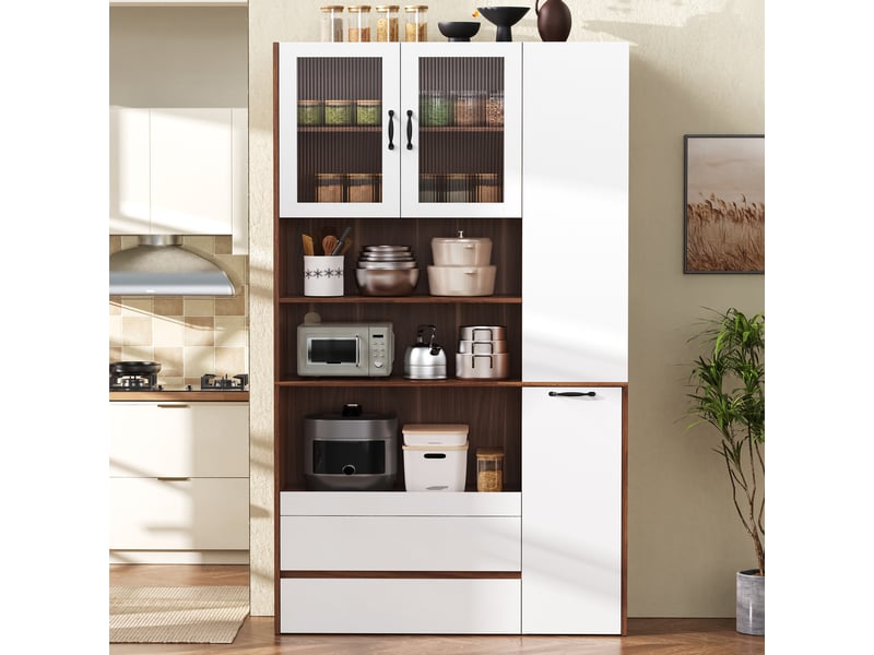  Buffet cuisine avec portes vitrées et 2 tiroirs, 100 x 40 x 200 cm, étagère coulissante, niches latérales et verre cannelé, mdf, blanc Morn Vibe - Conforama B
