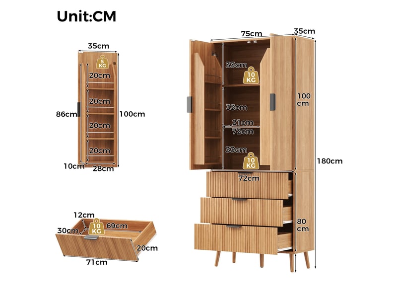  Buffet haut de cuisine 2 portes et 3 tiroirs 75 x 35 x 180 cm homvra  - Conforama E