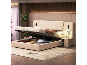 Lit coffre 180x200 cm velours beige – tête haute, lampe orientable, port usb intégré – sans matelas