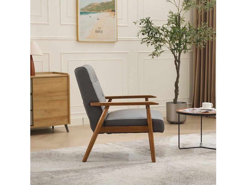  Fauteuil en cuir avec accoudoirs en bois et pieds en bois, style classique gris  - Conforama D