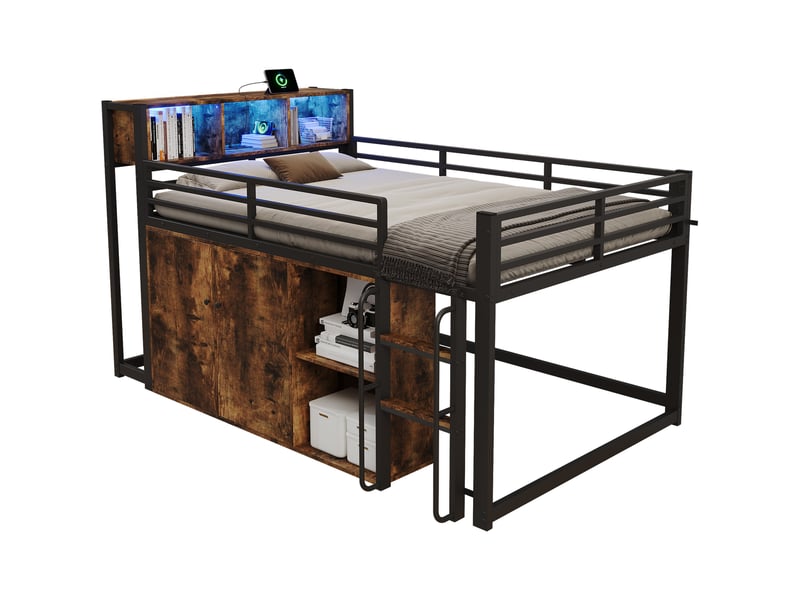  Lit mezzanine 120x200 cm avec rangement, led et prise, noir décor bois  - Conforama A