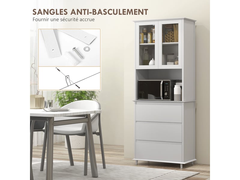  Buffet de cuisine meuble de rangement placard 2 portes 3 tiroirs et niche centrale dim. 68l x 38l x 172h cm mdf blanc  - Conforama W