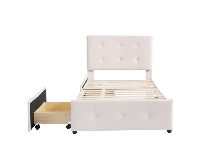  Lit enfant simple 90x200 cm avec 2 tiroirs de rangement, tête de lit réglable, sommier, velours beige, sans matelas  - Conforama D