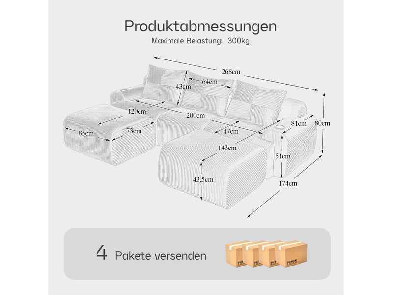  Canapé modulable 3 places en velours côtelé gris foncé avec 2 poufs  - Conforama E