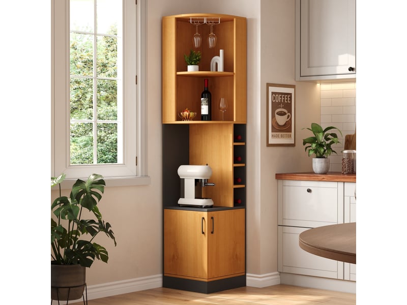  Meuble bar d'angle 182cm armoire à vin avec porte-verres rangement cuisine salon mdf naturel 40x40cm  - Conforama E
