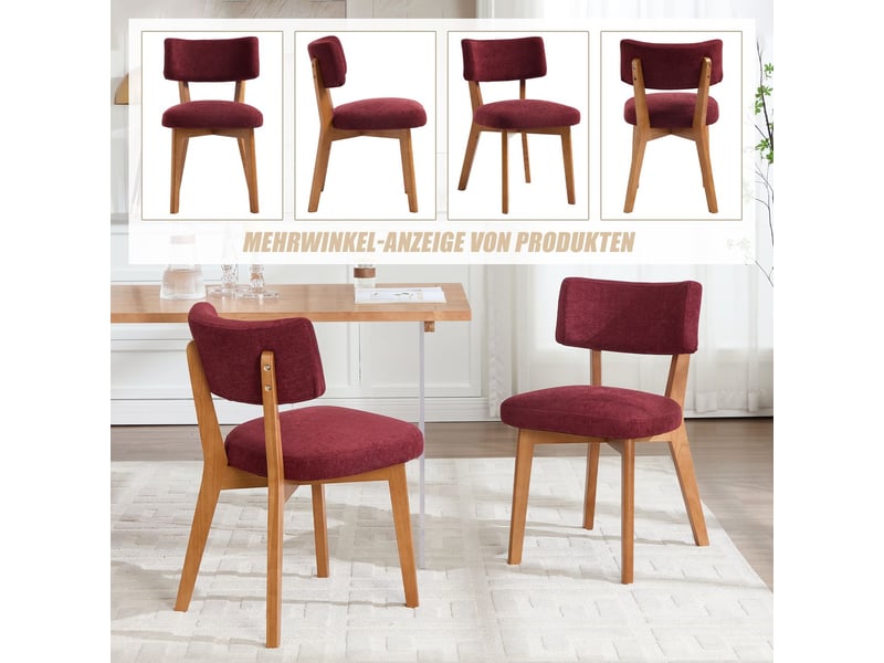 Chaise repas assise rembourrée en tissu pieds en bois massif style mid-century moderne tissu lin bordeaux - Conforama D