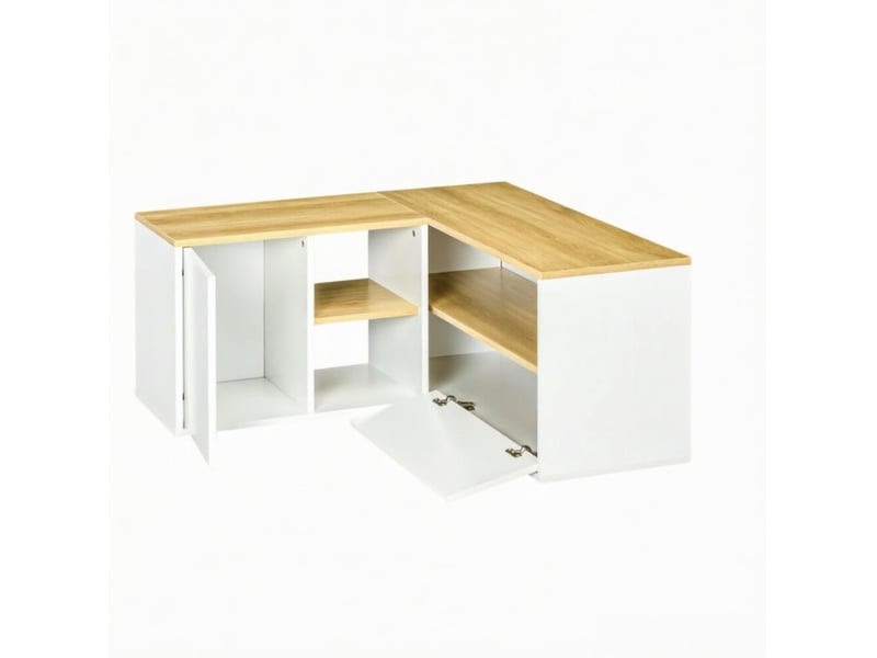  Meuble tv d'angle l blanc et bois clair 90 x 90 cm, 5 espaces de rangement, style scandinave moderne  - Conforama A