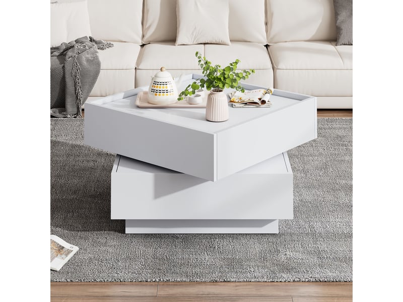 Table basse carrée en panneaux de particules avec 2 tiroirs,pivotant à 360°,blanc table basse blanc - Conforama B