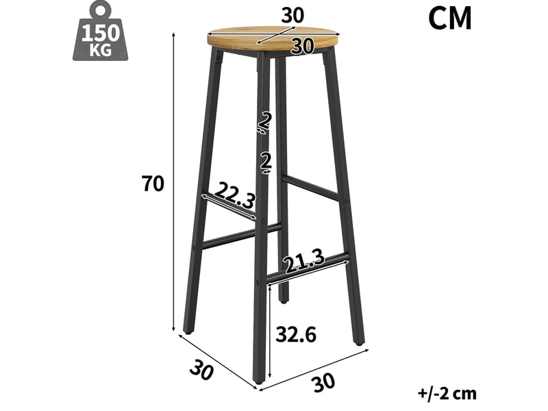  Lot de 2 tabourets de bar 30x30x70 cm, double repose-pieds, design industriel, chaise haute cuisine, mdf, métal, noir  - Conforama C