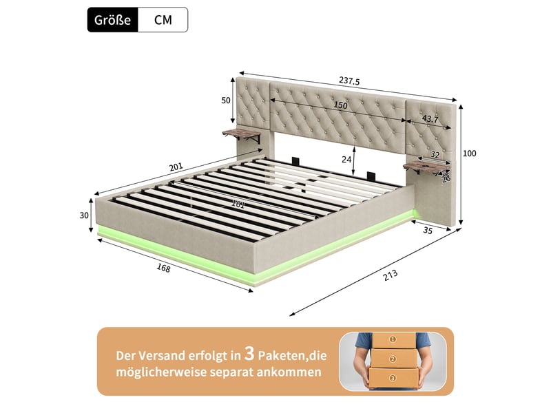  Lit 160x200cm - lit coffre 160x200 - lit double led avec tête de lit large et tables de chevet intégrées - en lin beige  - Conforama E
