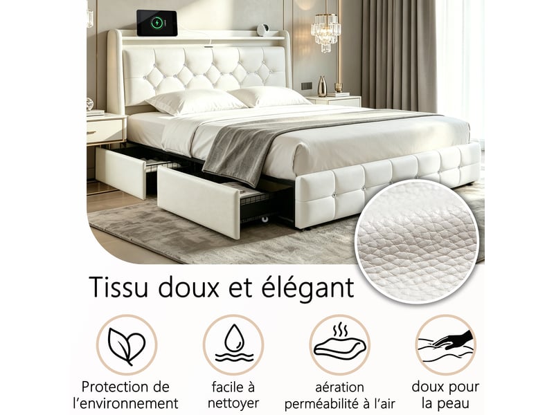  Lit 140x200 cm blanc avec 4 tiroirs rangement, led, ports usb+type-c sans matelas EBD859F-WH - Conforama E