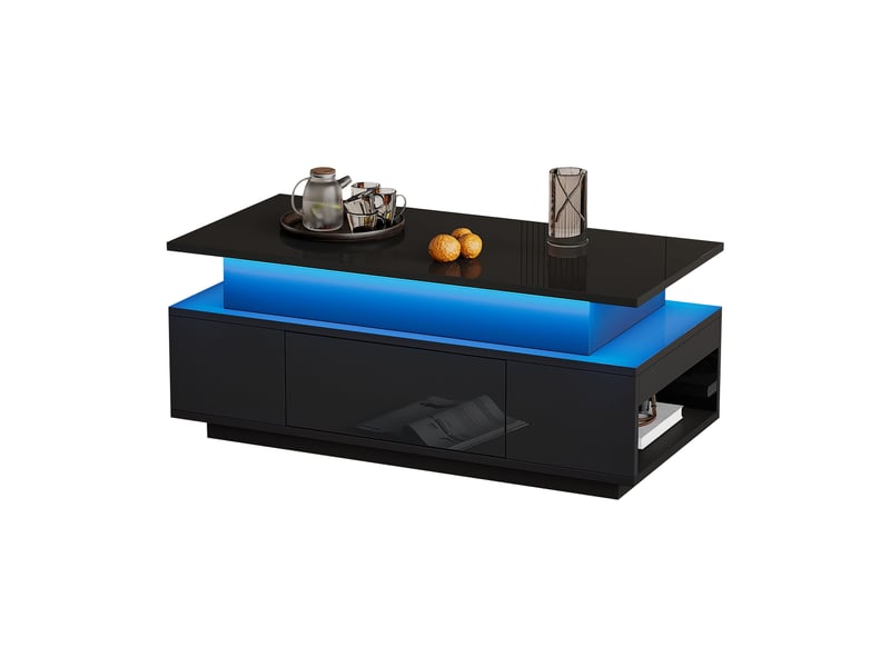  Table basse relevable noire brillante avec rangement caché, 96x45x40 cm, éclairage led intégré pour salon et bureau  - Conforama W