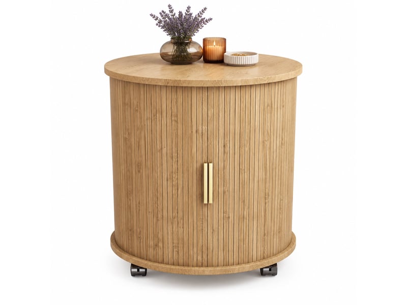  Table de chevet cylindrique 60 x 60 x 60 cm avec prise et 2 ports usb, porte coulissante, roulettes, mdf aspect chêne  - Conforama A