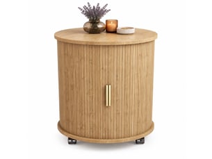 Table de chevet cylindrique 60 x 60 x 60 cm avec prise et 2 ports usb, porte coulissante, roulettes, mdf aspect chêne