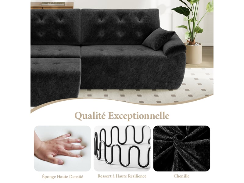  Canapé modulable en chenille noir mousse haute densité avec pouf,canapé salon 275cm style nuage confortable,compressé sans montage 275x174x66CM - Conforama C