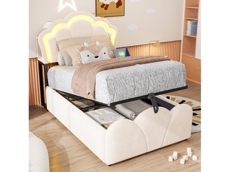  Lit, 90x200 cm, espace nuit, avec rangement hydraulique, led, design floral, matelas non inclus, velours, coloris beige  - Conforama B