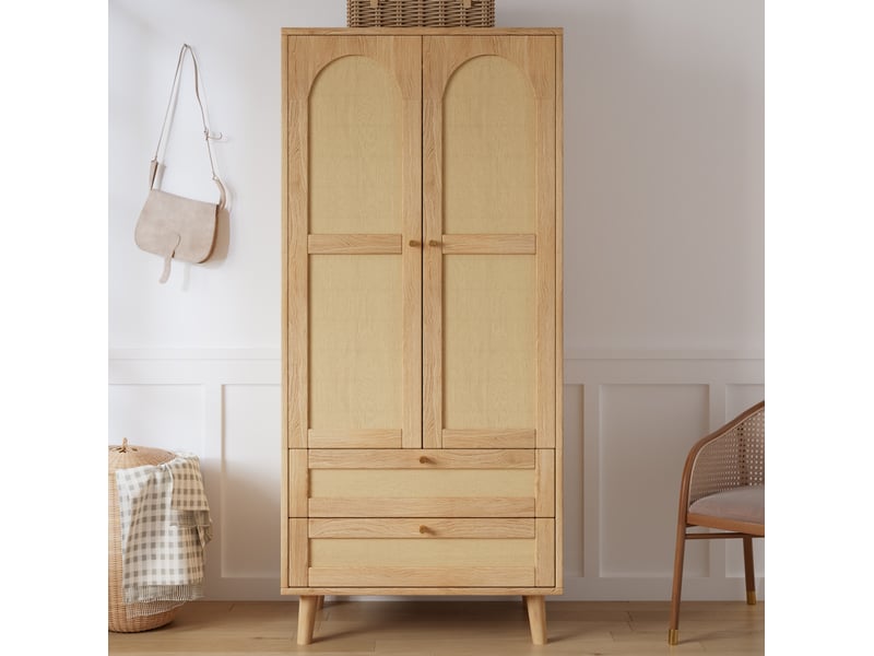  Armoire penderie 80 x 50 x 180 cm naturel mdf, 2 tiroirs, tringle et étagères sur pieds pour chambre  - Conforama B