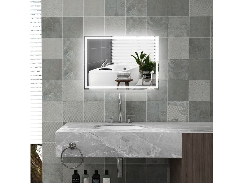  Miroir lumineux de salle de bain à led avec interrupteur tactile, pose réversible, en verre argenté 50 × 70 cm  - Conforama B