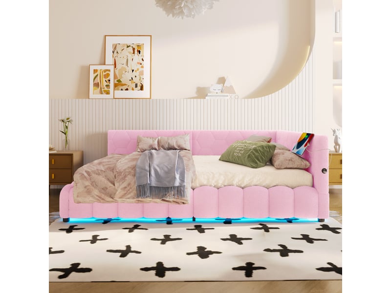  Lit de jour 140x200 cm rose avec led, ports usb-c, coffre hydraulique et sommier à lattes  - Conforama B