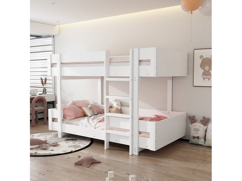 Lit superposé enfant 90x200 cm, avec escalier et barrières renforcées, gain d'espace, bois et mdf, blanc, sans matelas  - Conforama B