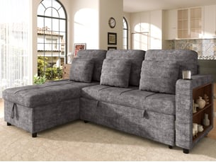 Canapé d'angle droit convertible LEYTN 3 places Coton / Lin gris avec coffre de rangement