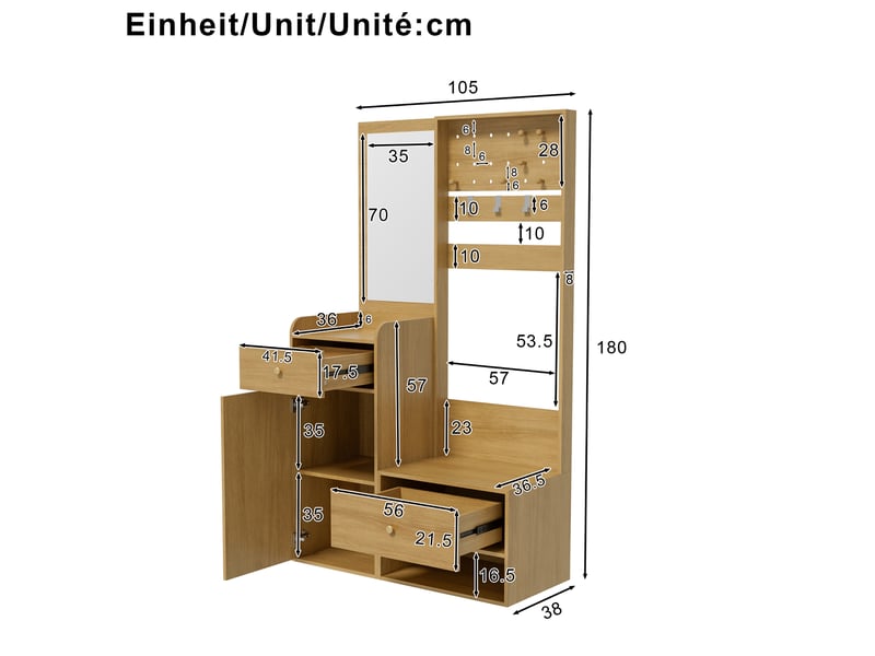  Meuble d’entrée avec miroir 105x38x180 cm, vestiaire, 2 tiroirs, rangement chaussures, meuble chambre, aggloméré, bois  - Conforama C