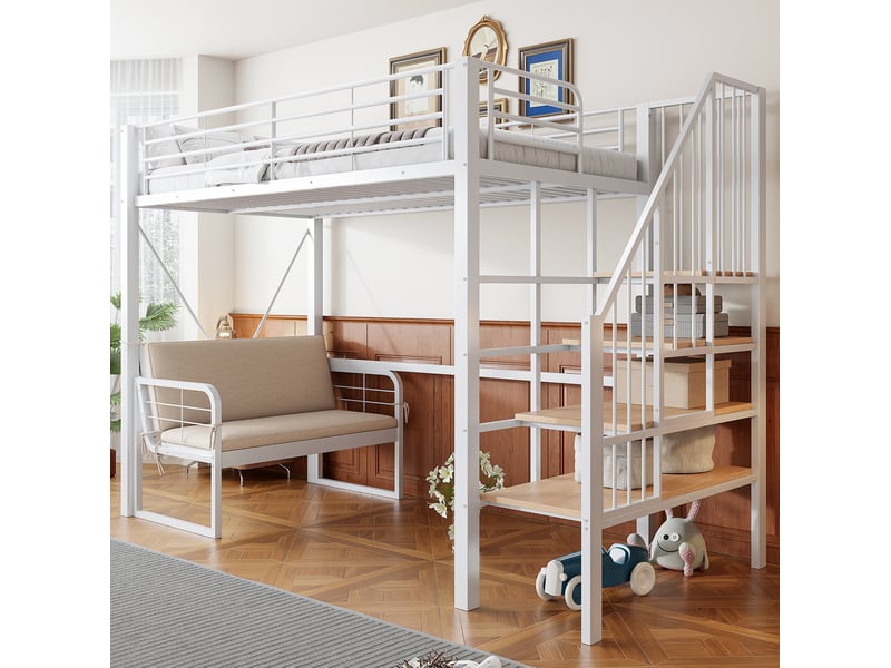 Lit superposé 90x200 cm escalier de rangement, canapé amovible en métal blanc - Conforama B