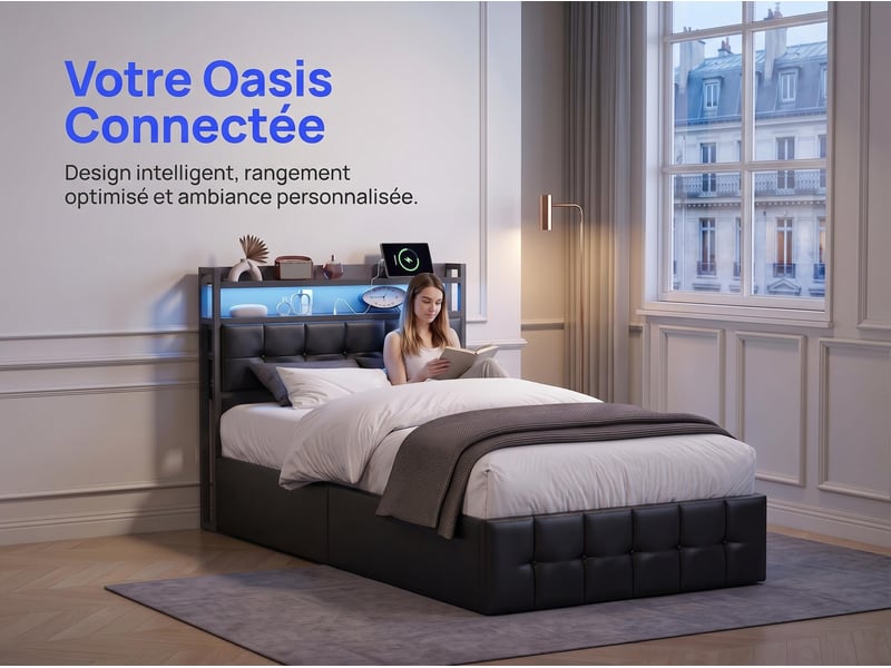  Lit adulte 90x200 cm – lit coffre - lit simple – usb‑c – tête de lit led rgb–  sommier à lattes – cuir noir  - Conforama E