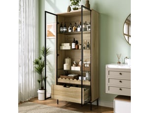 Meuble de rangement haut en mdf bicolore, porte vitrée, tiroir, style moderne, pour salon et entrée