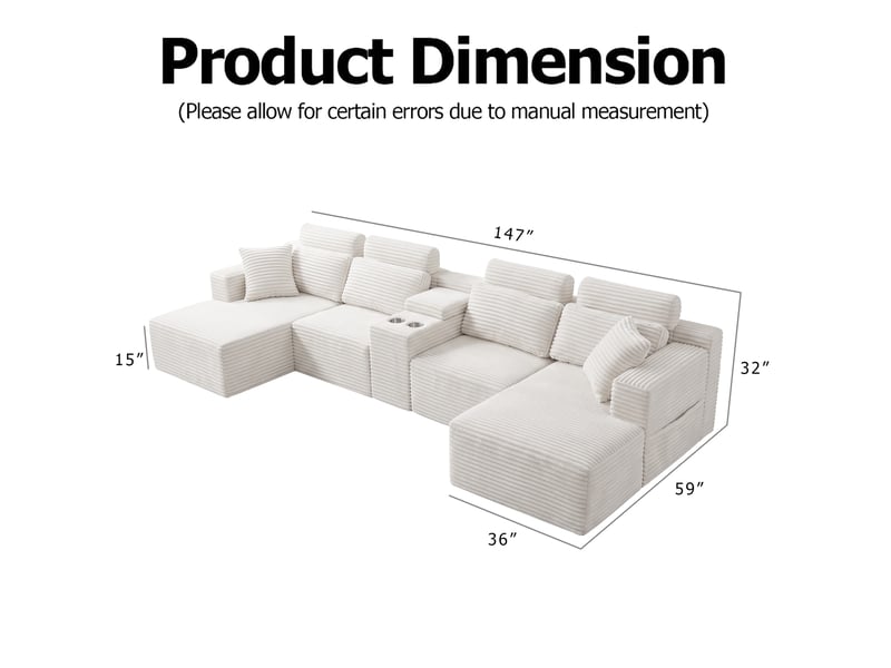  Canapé modulable en u 372 cm, canapé panoramique en velours côtelé, assise profonde, 2 porte-gobelets intégrés,blanc  - Conforama C