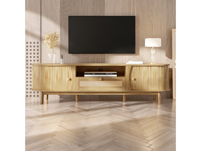  Meuble tv rotin 165 cm avec portes coulissantes et tiroirs, meuble tv naturel en mdf pour salon  - Conforama B