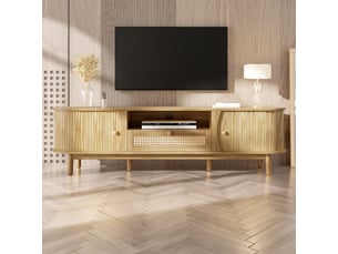 Meuble tv rotin 165 cm avec portes coulissantes et tiroirs, meuble tv naturel en mdf pour salon