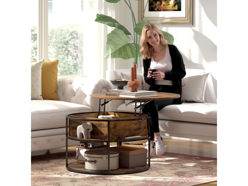  Table basse relevable ronde avec espace ouvert et rangement caché, structure en acier, pour salon, en bois, marron  - Conforama C
