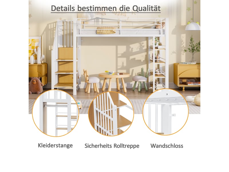  Lit mezzanine 90 × 200 cm, escalier sécurisé, armoire, étagères et espace bureau, métal et panneaux de bois, blanc  - Conforama E