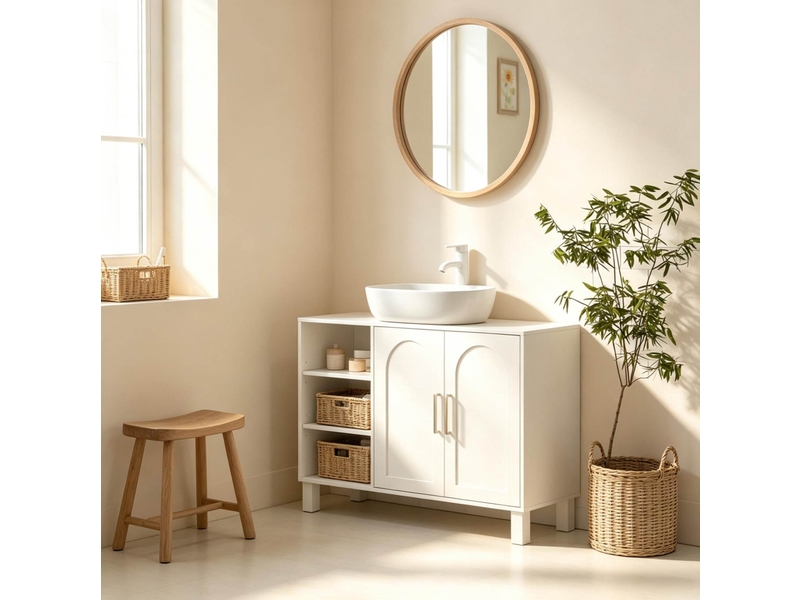  Meuble sous vasque 2 portes, 3 étagères ouvertes, rangement réglable, salle de bain, mdf crème 90 × 30 × 63 cm  - Conforama D