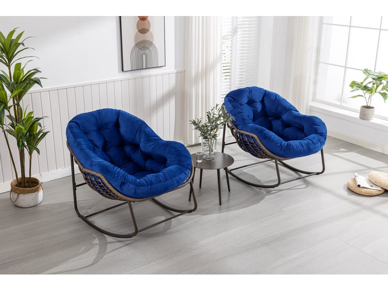 Rocking-chair en rotin avec coussin épais et structure en acier, assise large pour terrasse et jardin, bleu marine - Conforama D