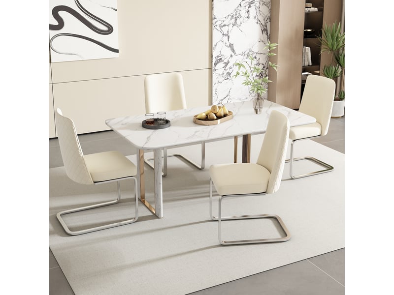  Chaise de salle à manger lot de 6 avec dossier à motif losange et pieds métalliques argentés en velours beige  - Conforama D