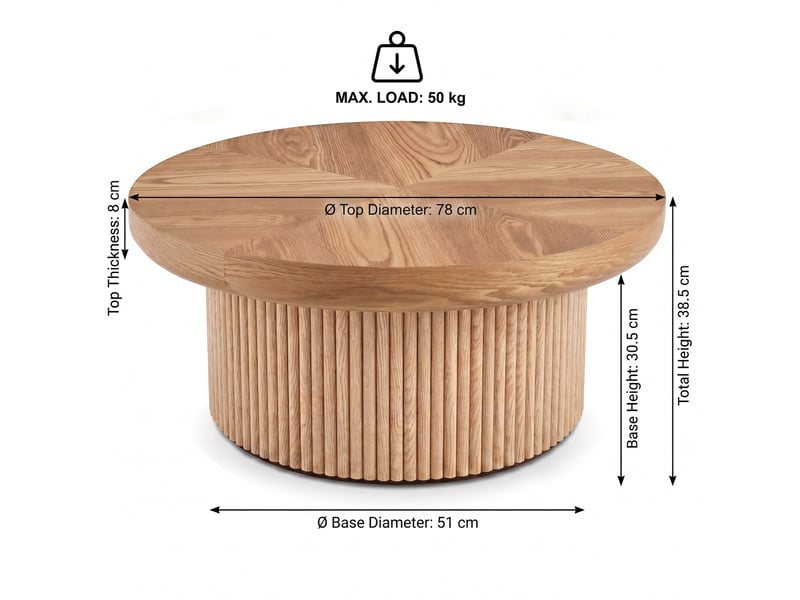  Table basse ronde ø78x38,5 cm plateau effet parquet bois, base cylindrique striée, style milieu du siècle, bois naturel  - Conforama C