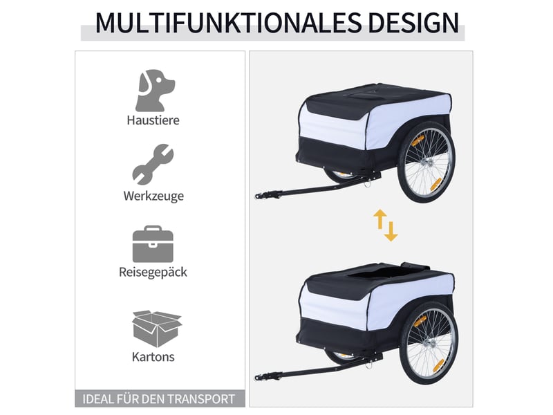 Remorque vélo pliable 140x77x65 cm – blanc et noir – charge maximale 40 kg, tissu oxford imperméable - Conforama E