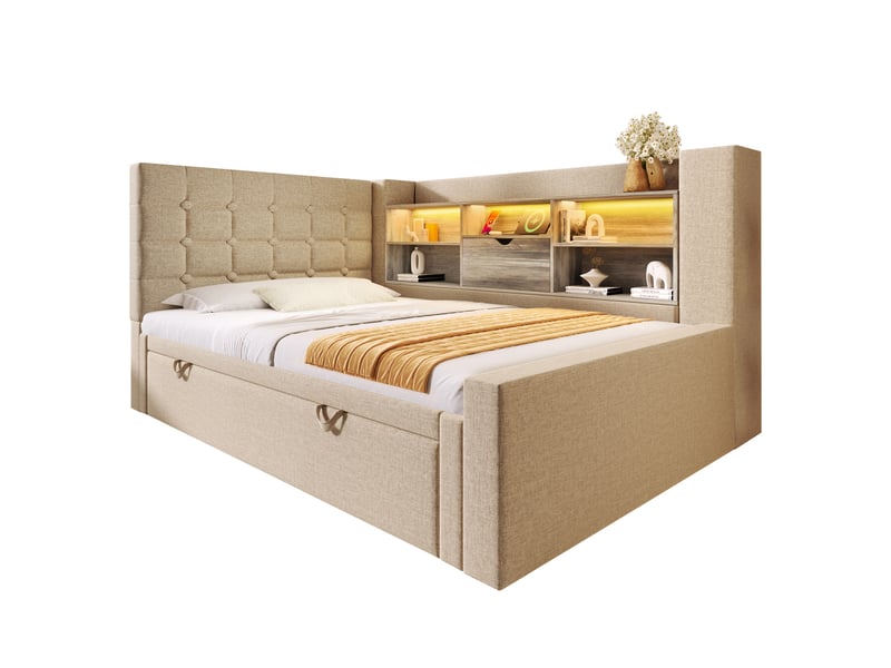  Lit gigogne 90x200 cm avec led et ports de charge en lin beige  - Conforama A