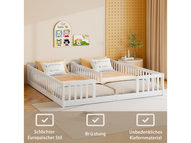  Lit bas enfant 2 places, 2 couchages 90×200 cm avec barrières - okmyhome- en pin et mdf, sans matelas  - Conforama E