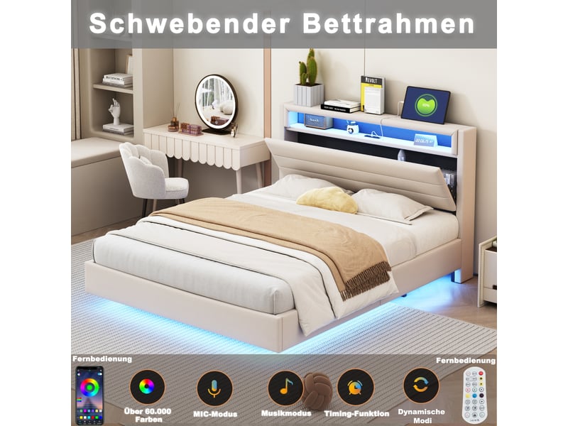 Lit double 160x200 cm, tête réversible avec rangement, ports usb, led multicolore en tête et pied, pieds dissimulés, sommier à lattes, lin, beige - Conforama E